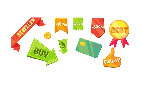 Promotionele badges en verkoop tags ingesteld, verkoop promotionele borden, online web winkelen symbolen vector illustratie op een witte achtergrond — Stockvector