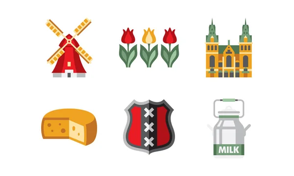 Ensemble d'icônes de voyage Pays-Bas, symboles nationaux néerlandais et vecteur de repères Illustration sur fond blanc — Image vectorielle