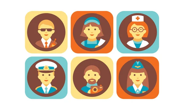 Profession icons set, bodyguard, nurse, doctor, pilot, stewardess, photographer working people vector Illustration on a white background