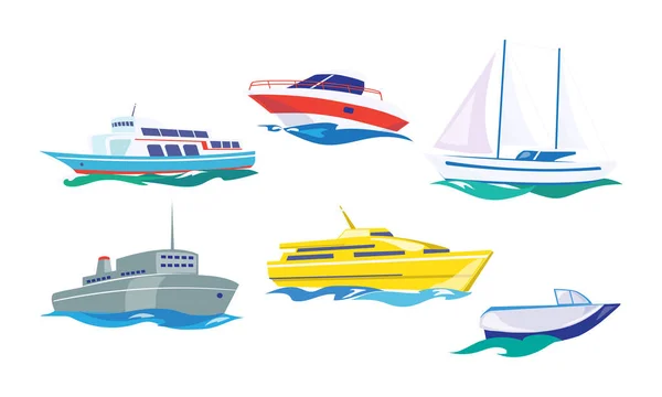 Water transportset zeiljacht, motorboot, stoomschip, vissersboot, schip vector illustratie op een witte achtergrond — Stockvector