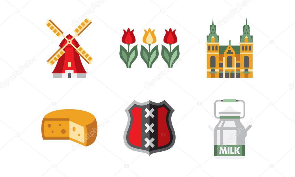 Netherlands travel icons set, Holland national symbols and landmarks vector Illustration on a white background