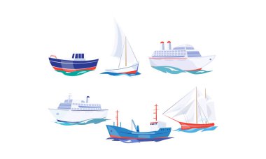 Su taşıma kümesi, yat, tekne, kargo gemisi, Vapur, balıkçı teknesi, beyaz bir arka plan üzerinde gemi vektör çizim cruise