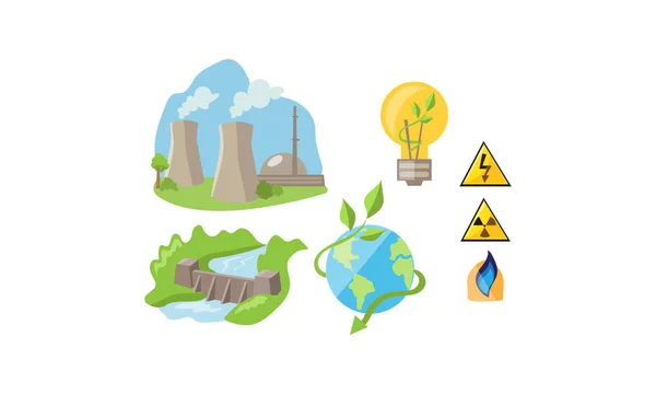 Set di fonti elettriche ed energetiche, risorse ambientali rinnovabili, vettore energetico alternativo e tradizionale Illustrazione su sfondo bianco — Vettoriale Stock