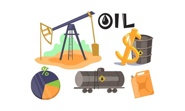 Extracción y procesamiento del conjunto de aceite, producción y transporte de aceite y vector de gasolina Ilustración sobre un fondo blanco — Vector de stock