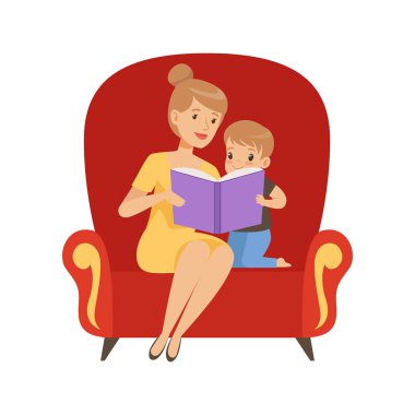 Bir koltukta oturan küçük oğlu için bir kitap okuma anne üzerinde beyaz bir arka plan illüstrasyon vektör