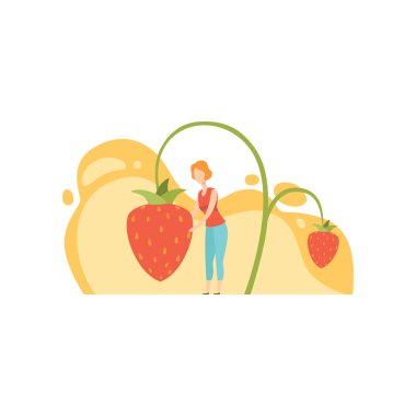 Dev Olgun yabani çilek vektör çizim beyaz zemin üzerine yanında duran genç kadın