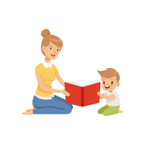 Mother reading a book to her little son vector Illustration on a white background