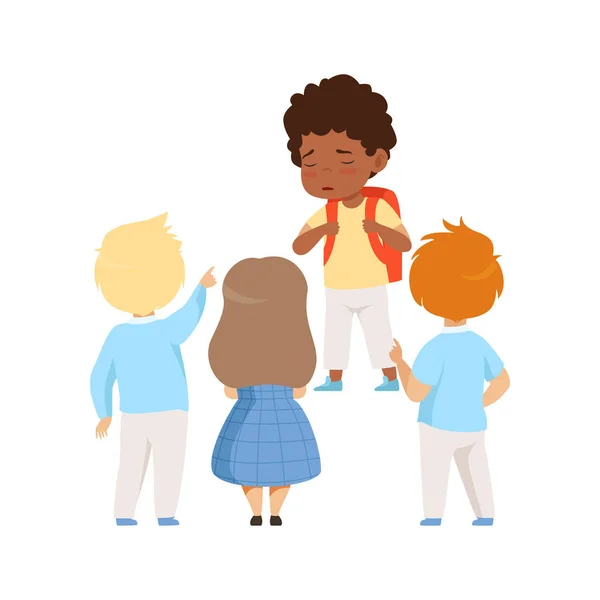 Kids mocking an african ameican boy, bad behavior, conflict between kids, mockery and bullying at school vector Illustration on a white background