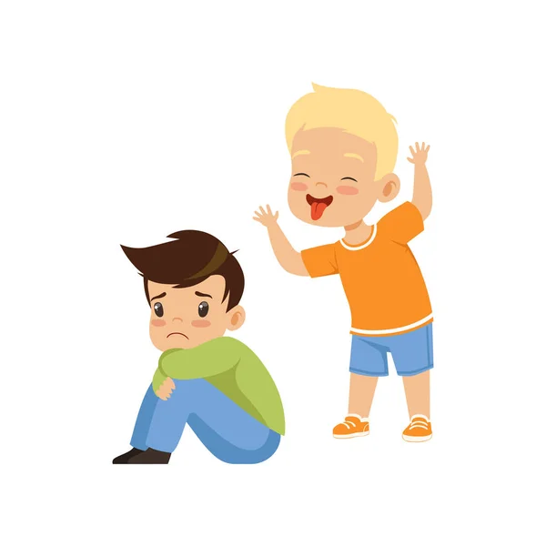 Boy mocking another, bad behavior, conflict between kids, mockery and bullying at school vector Illustration i on a white background — Stock Vector