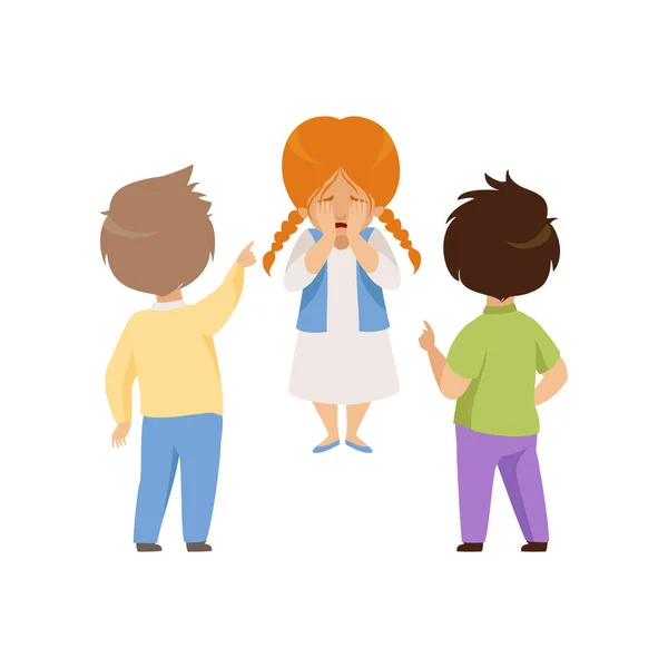 Boys mocking and pointing at a crying girl, bad behavior, conflict between kids, mockery and bullying at school vector Illustration on a white background — Stock Vector