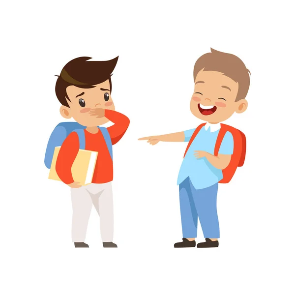 Classmate mocking and pointing at boy, bad behavior, conflict between kids, mockery and bullying at school vector Illustration on a white background — Stock Vector