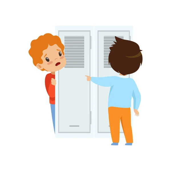 Classmate mocking a boy who hiding behind the door, bad behavior, conflict between kids, mockery and bullying at school vector Illustration on a white background — Stock Vector