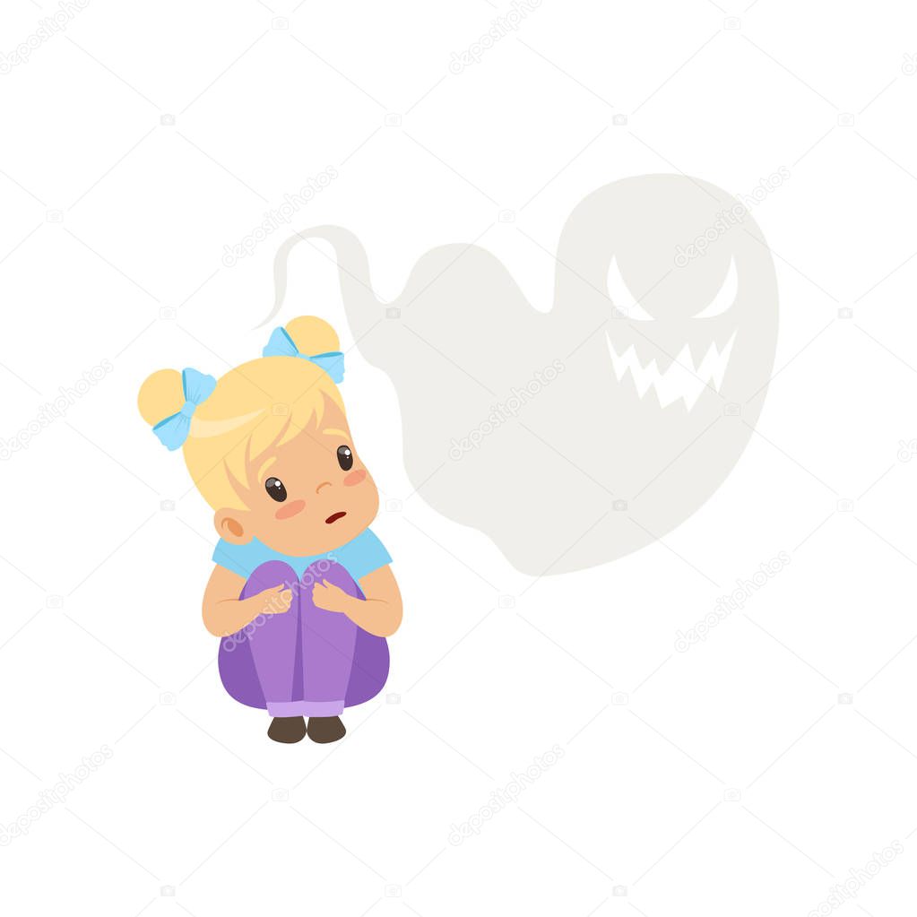 Cute little girl scared of ghosts, kids imagination concept vector Illustration on a white background