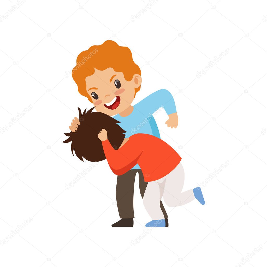 Two boys fighting, bad behavior, conflict between kids, mockery and bullying at school vector Illustration on a white background