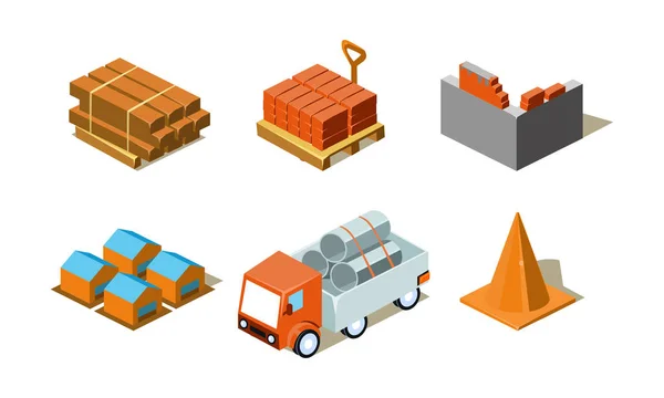 Conjunto de procesos de trabajo de construcción, elementos para el vector de interfaz de juego de computadora Ilustración sobre un fondo blanco — Vector de stock