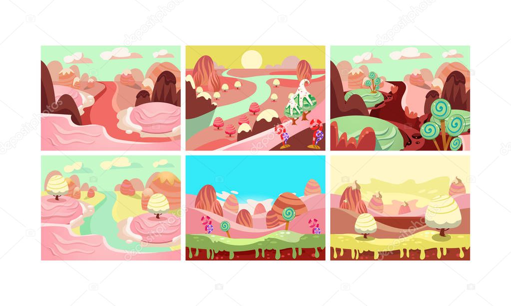 Fairy tale landscape collection, candy land, details for computer game interface vector Illustration on a white background