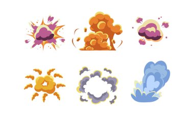 Çeşitli patlamalar, bomba, yakıt, dinamit, gaz topluluğu, özel efektler öğeleri üzerinde beyaz bir arka plan illüstrasyon vektör