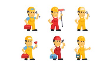 Üniformalı farklı araçlarla Builder işçiler, inşaat personel beyaz bir arka plan üzerinde karakter vektör çizim karikatür
