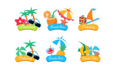 Yaz seyahat logo şablonu ayarla, cennet, plaj bar, tatil, plaj zaman parlak etiketleri illüstrasyon izole beyaz bir arka plan üzerinde vektör