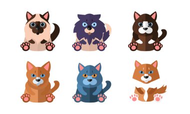 Farklı cins kediler ayarlama, vektör çizim beyaz bir arka plan üzerinde oturan sevimli çizgi Hayvanlar Evcil hayvan