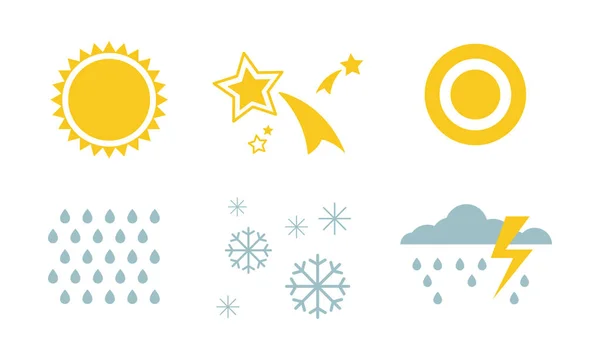 Cuaca dan alam simbol ditetapkan, matahari, bintang, salju, hujan, badai petir, awan vektor Ilustrasi pada latar belakang putih - Stok Vektor