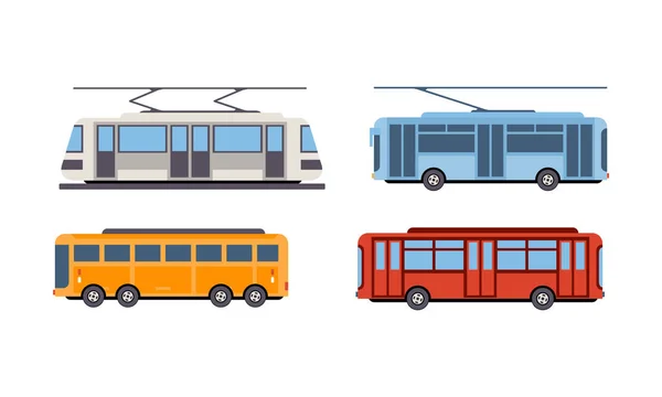 Trolley bus, tram, bus, openbare stad transport voertuigen vector illustratie op een witte achtergrond instellen — Stockvector