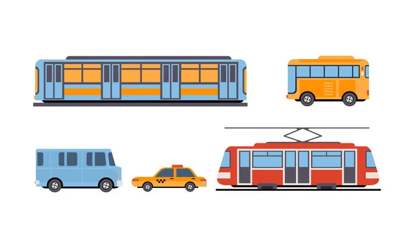 Metro, bus, tram, taxi, openbare stad en intercity vervoer voertuigen instellen vector illustratie op een witte achtergrond — Stockvector