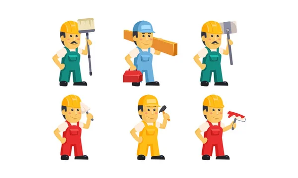 Costruttore lavoratori in uniforme con vari strumenti di costruzione, tuttofare personaggi dei cartoni animati vettore Illustrazione su uno sfondo bianco — Vettoriale Stock