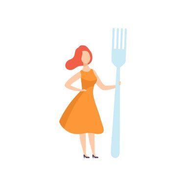 Dev bir çatalla meçhul kız mutfak araç vektör çizim beyaz bir arka planda tutarak rahat kıyafetler içinde duran genç kadın
