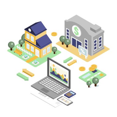 Banka kredi ve izometrik ev konseptiyle konut kredisi