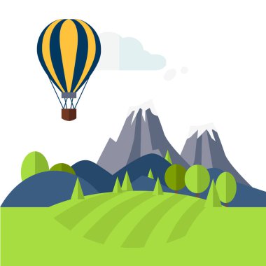 Düz doğa manzara tasarlamak güneş, tepeler, dağlar ve bulutlar ile