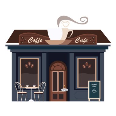 Cephe, restoranlar ve mağazalar vitrin vektör düz ayrıntılı.