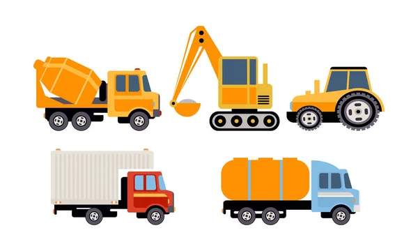 Carga, construcción y maquinaria especializada para el transporte, camión hormigonera, excavadora, tractor, tanque, vector camión refrigerador Ilustración sobre un fondo blanco — Archivo Imágenes Vectoriales