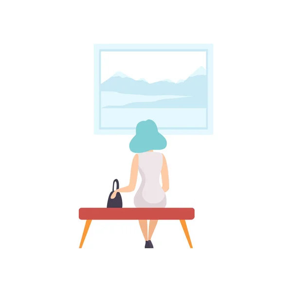 Młoda kobieta siedzi na ławce i patrząc na obraz wiszący na ścianie, odwiedzających wystawę wyświetlanie Muzeum wystawy w galerii sztuki, widok z tyłu wektor ilustracja — Wektor stockowy