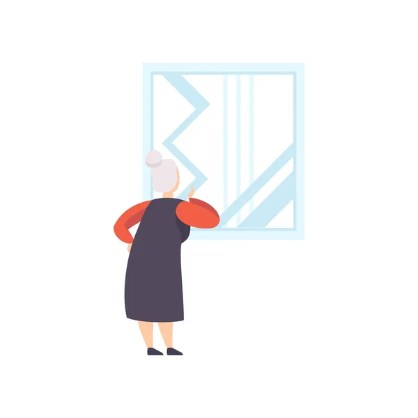 Starsza kobieta, patrząc na obraz wiszący na ścianie, odwiedzających wystawę wyświetlanie Muzeum wystawy w galerii sztuki, widok z tyłu wektor ilustracja na białym tle — Wektor stockowy