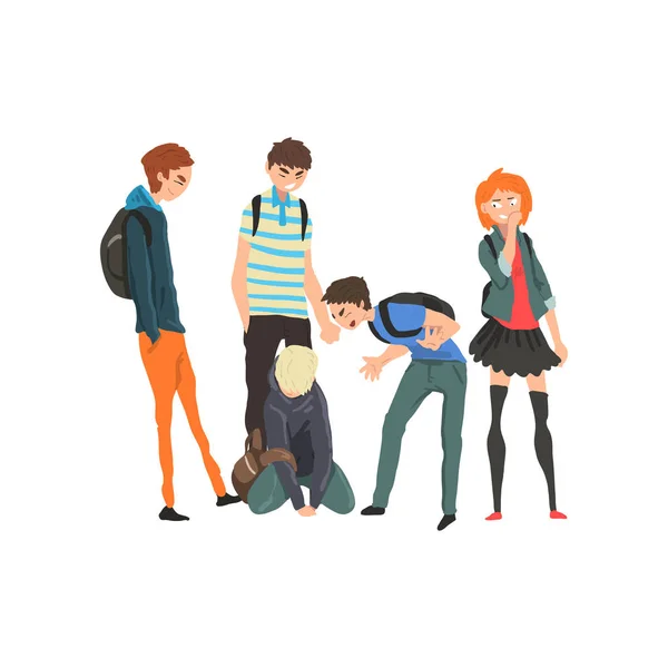 Sad teen boy sitting on floor surrounded by classmates mocking him, conflict between children, mockery and bullying  at school vector Illustration on a white background — Stock Vector