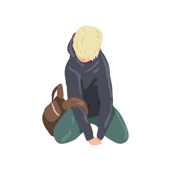 Trauriger Teenie-Junge auf dem Boden sitzend, depressiv einsam Teenager Vektor-Illustration auf weißem Hintergrund — Stockvektor