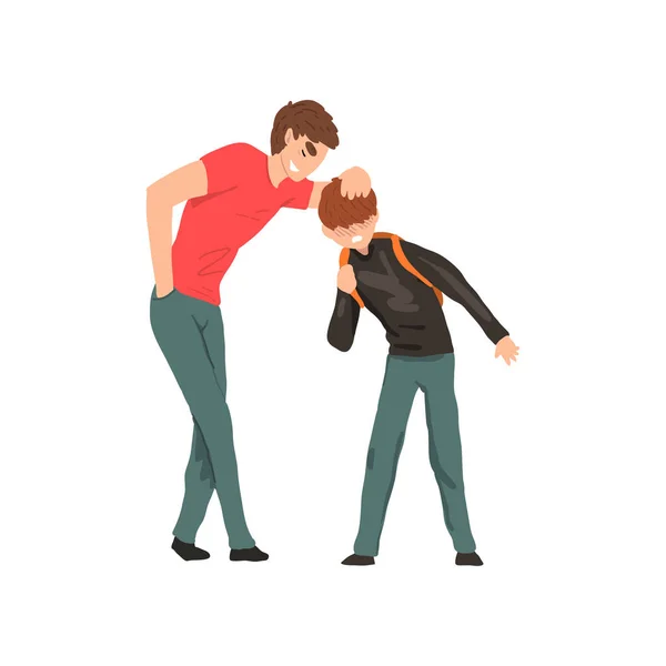 Oudere jongen spottende jongere, conflict tussen kinderen, spot en pesten op school vector illustratie op een witte achtergrond — Stockvector