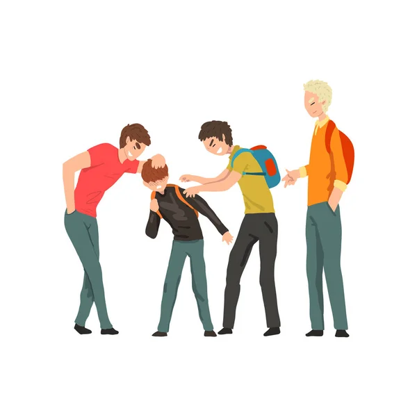 Gruppe junger Menschen, die sich über einen Jungen lustig machen, Konflikt zwischen Kindern, Spott und Mobbing in der Schule Vektor-Illustration auf weißem Hintergrund — Stockvektor