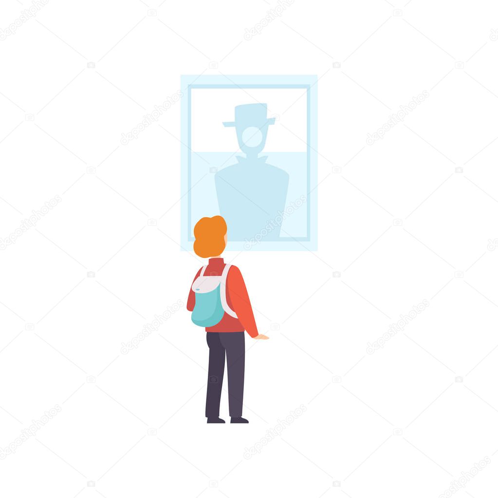 Boy with backpack looking at the painting hanging on the wall, exhibition visitor viewing museum exhibit at excursion, back view vector Illustration on a white background