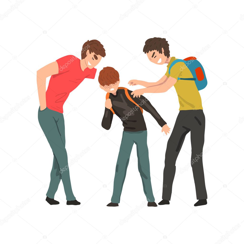 Two older boys mocking younger, conflict between children, mockery and bullying at school vector Illustration on a white background