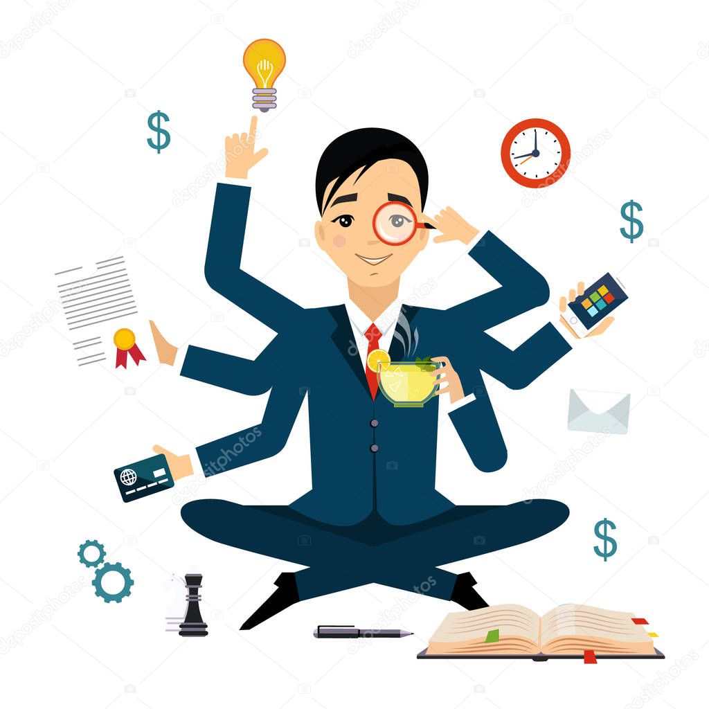 Businessman with multitasking and multi skill. Keep calm. Business concept. Flat style