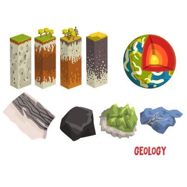 Jeoloji bilim elemanları, stratigrafik sütun, ayrıntılı yapısı toprak, mineral taş üzerinde beyaz bir arka plan illüstrasyon vektör