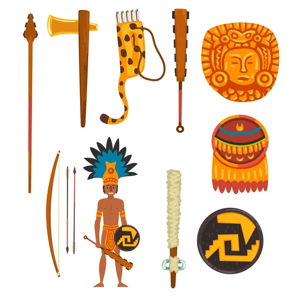 Maya civilization symbols set, ancient American tribal culture elements vector Illustration on a white background — Stock Vector