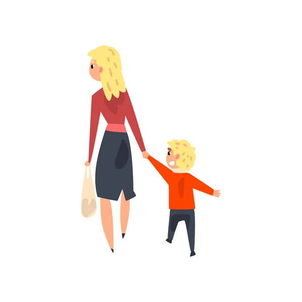Mamá y su pequeño hijo caminando cogidos de la mano, vector de vista trasera Ilustración sobre un fondo blanco — Vector de stock