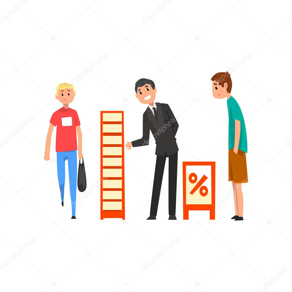 Businessman character promoting products or services on a stand, people visiting a trade fair or exhibition vector Illustration on a white background