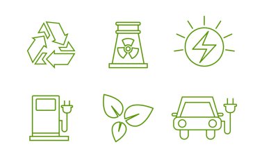 Eko enerji hattı simgeler ayarla, yeşil çevre ve işaretler vektör çizim beyaz bir arka plan üzerinde geri dönüşüm