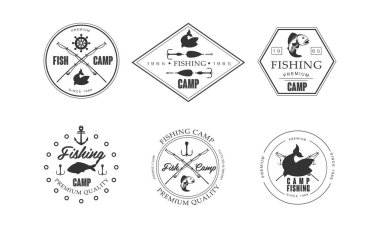 Balık tutma kamp logo, yaban hayatı, seyahat, macera retro etiketler vektör çizim beyaz bir arka plan üzerinde