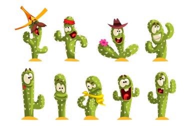 Kaktüs karakter ayarları, farklı duygular ile komik kaktüsler beyaz bir arka plan üzerinde çizimler vektör