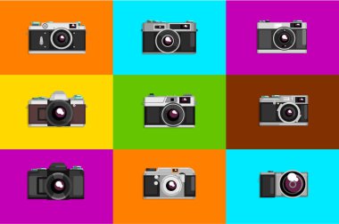 Kamera ayarları, retro fotoğraf makinesi renkli arka plan üzerinde çizimler vektör